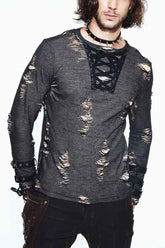 ブラック長袖ブロークンホール胸レースアップループカフメンズパンクシャツ